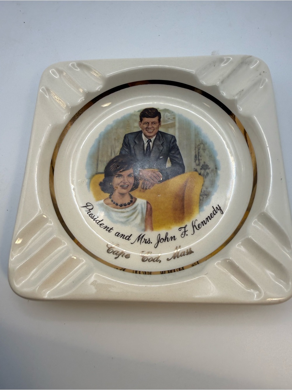 Vintage President and Mrs. John Kennedy Cream and Gold Commemorative Ashtray